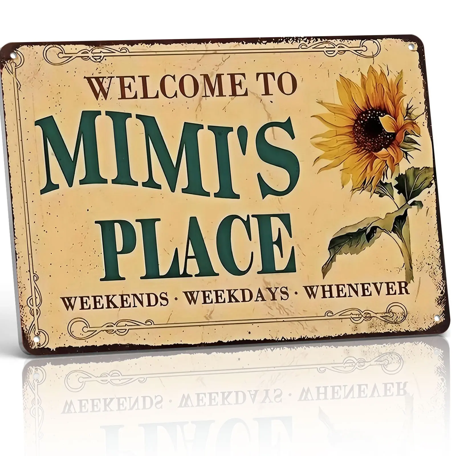 Mimi's Place 8x12in Vintage Aluminium Welcome Family Sunflower Metal Sign - Rustic Border, Weatherproof, Pre-Drilled Home Decor Plaque, Gift for Grandma