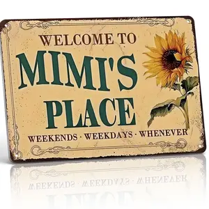 Welcome to Mimi's Place 8x12" Aluminum Sunflower Metal Sign Cozy Vintage Home Decor with Rustic Border Weatherproof Pre-Drilled Sweet Gift for Grandma & Family Spaces