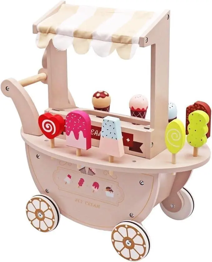 Toddler Wooden Ice Cream Cart Toys, Pretend Play Set Food Truck with Wheels for 3+ Year Old Girls & Boys Kids Birthday Gift with Magnetic Accessories