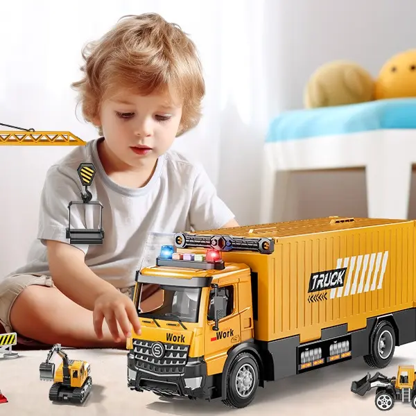 Electric remote-controlled construction vehicle set featuring a remote-controlled excavator, bulldozer, and dump truck, equipped with realistic lighting and engine sounds. A classic, realistic construction vehicle toy with flexible remote control operatio