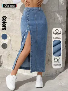Women's High Waist Denim Split Button Skirt, Casual Versatile Fit Half-Length Dress for All Seasons, Comfortable and Stylish, Breathable