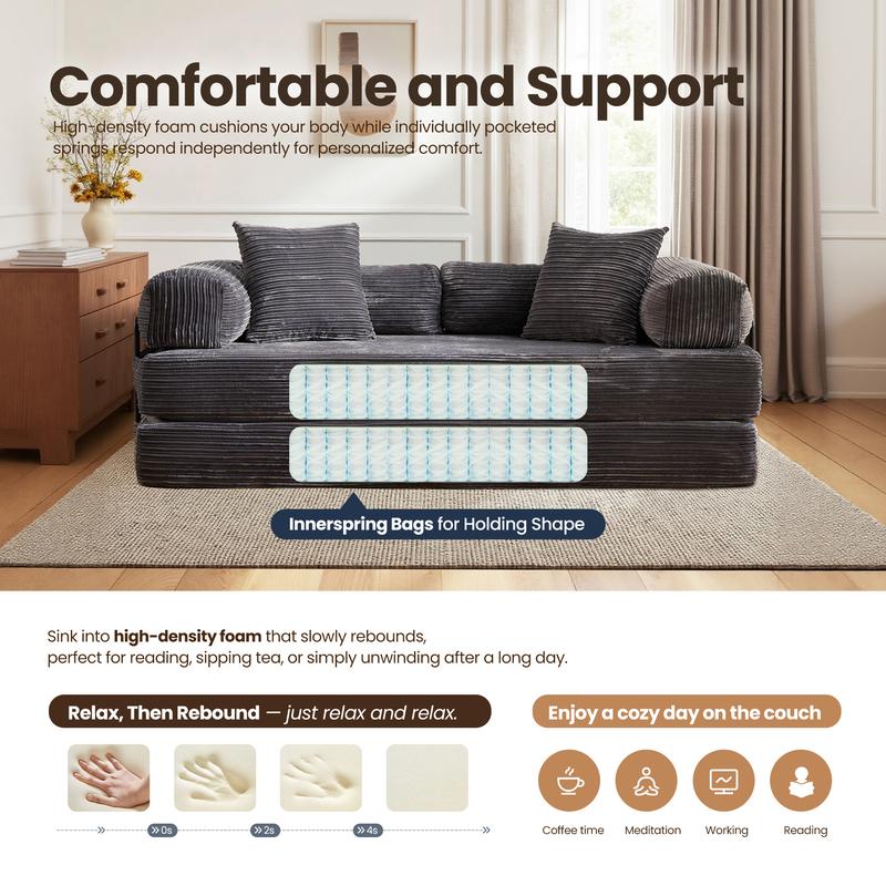 【Jumpstart Sale】Ovios 81" Convertible Boneless Sofa Bed, Fold Out Loveseat Sleeper Couch with Pillow, 4 in 1 Modular Cloud Corduroy Folding Queen Bed Floor Mattress, Lazy Chair for Living Room Bedroom