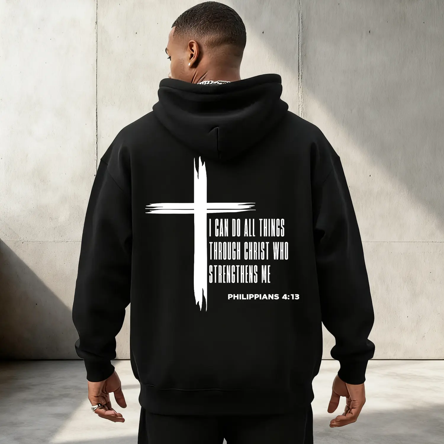 Men's Christian Cross Hoodie, Casual Drop-Shoulder Pullover with Philippians 4:13 Bible Verse, Gray Faith Expression Top for Church, Hand Wash