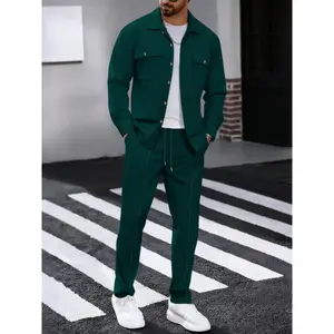 Men's Casual Fashion Waffle Knit Shirt and Pants Set, Windproof Warm Retro Practical Two-Piece, Buttoned Top and Straight Leg Pants