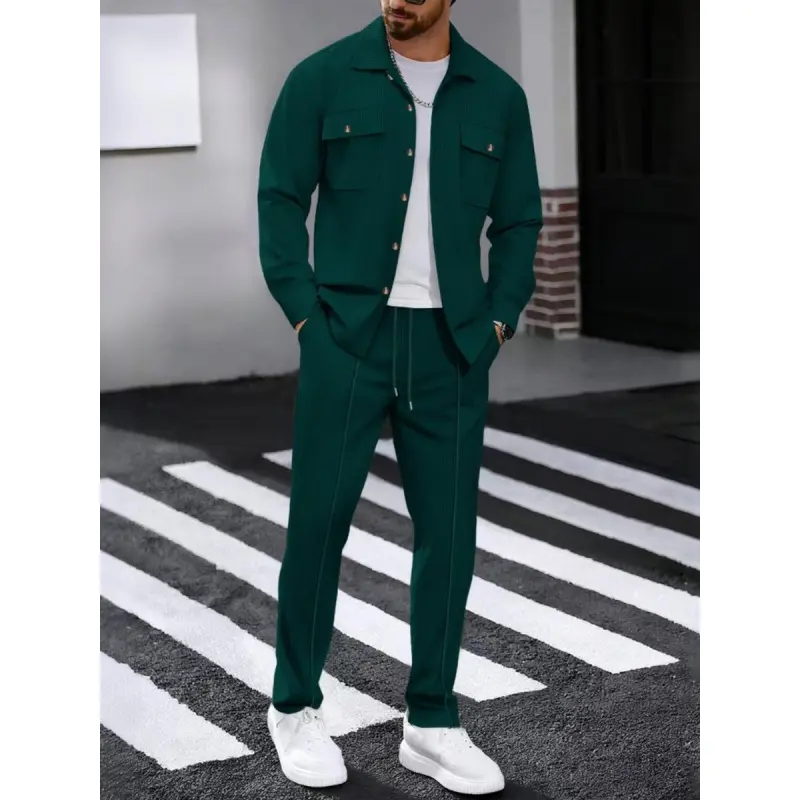 Men's Casual Fashion Waffle Knit Shirt and Pants Set, Windproof Warm Retro Practical Two-Piece, Buttoned Top and Straight Leg Pants