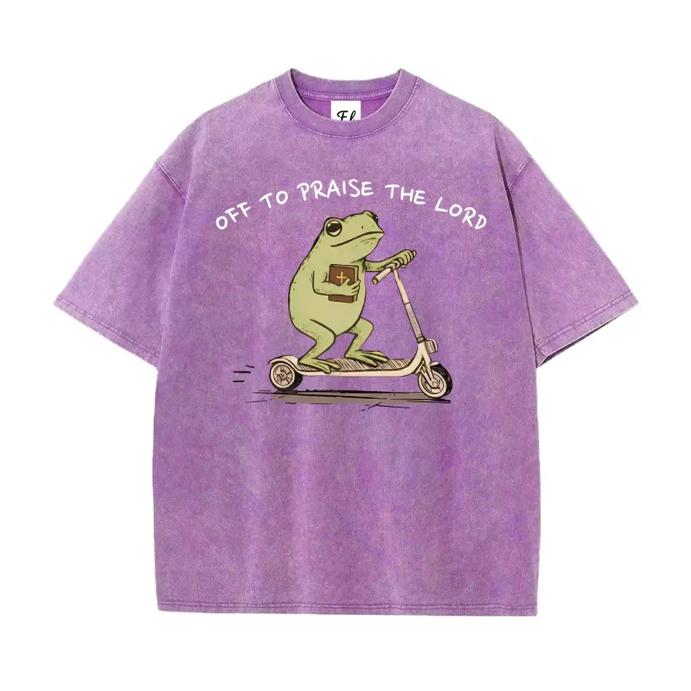 Men's Graphic Short-Sleeve T-Shirt, Retro Off to Praise the Lord Print, Oversized Washed Cotton Casual Streetwear