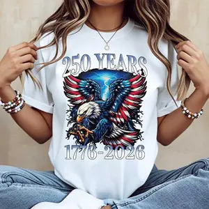Eagle American Flag 250 Years 1776 2026 Print T-Shirt White Casual Short Sleeve Unisex Tee For Independence Day Celebration