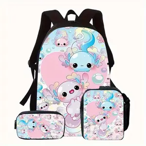 Cute Axolotl Backpack Set for Girls, 3PCS Kawaii Print School Bag with Lunch Box & Pencil Case Pink Axolotl Backpack Set for Kids