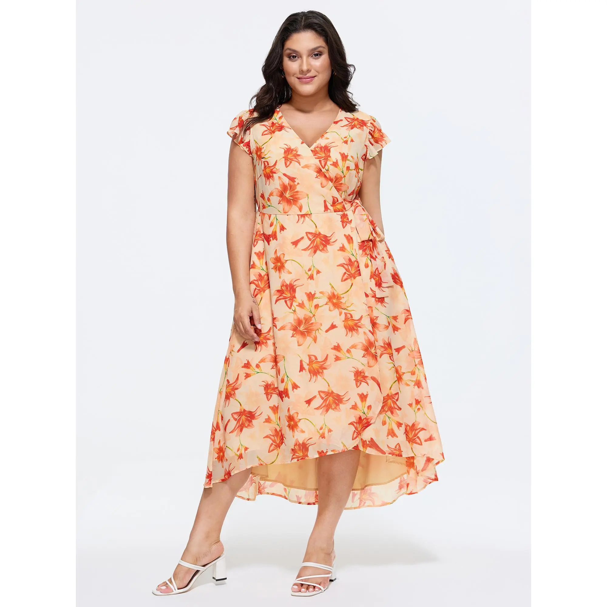 BloomChic Lady's Plus Size Casual Bohemian Floral Polyester Wrap Midi Dress with Cap Sleeves and High-Low Hem, Cold Wash, Low Iron