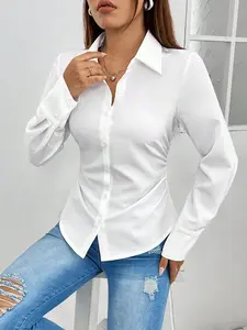 A slim-fit women's white long-sleeve shirt with side waist pleats, combining a formal commuting look with everyday fashion and Casual Elegance Style, suitable for workplace office, light business meetings, campus classes, or casual outings, Blouse