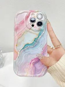 Glossy Shockproof Protective Smartphone Case - Marble Print Patterned Cover, Cream Wavy Edges, Casing for International Version Devices, Cellphone Accessories, Spring-Easter Gift