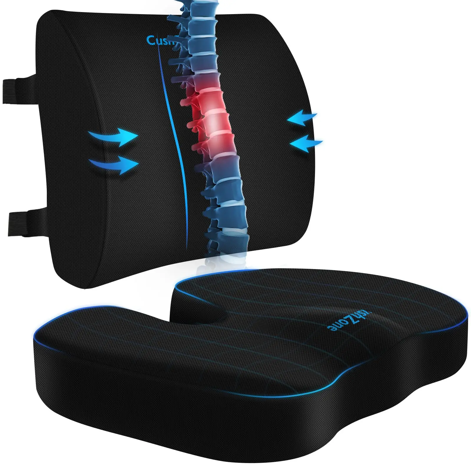 CushZone Seat Cushion, Lumbar Support Pillow with Adjustable Strap-Chair Cushions for Sciatica Pain Relief-with Washable Cover Memory Foam for Car, Travel and Wheelchair