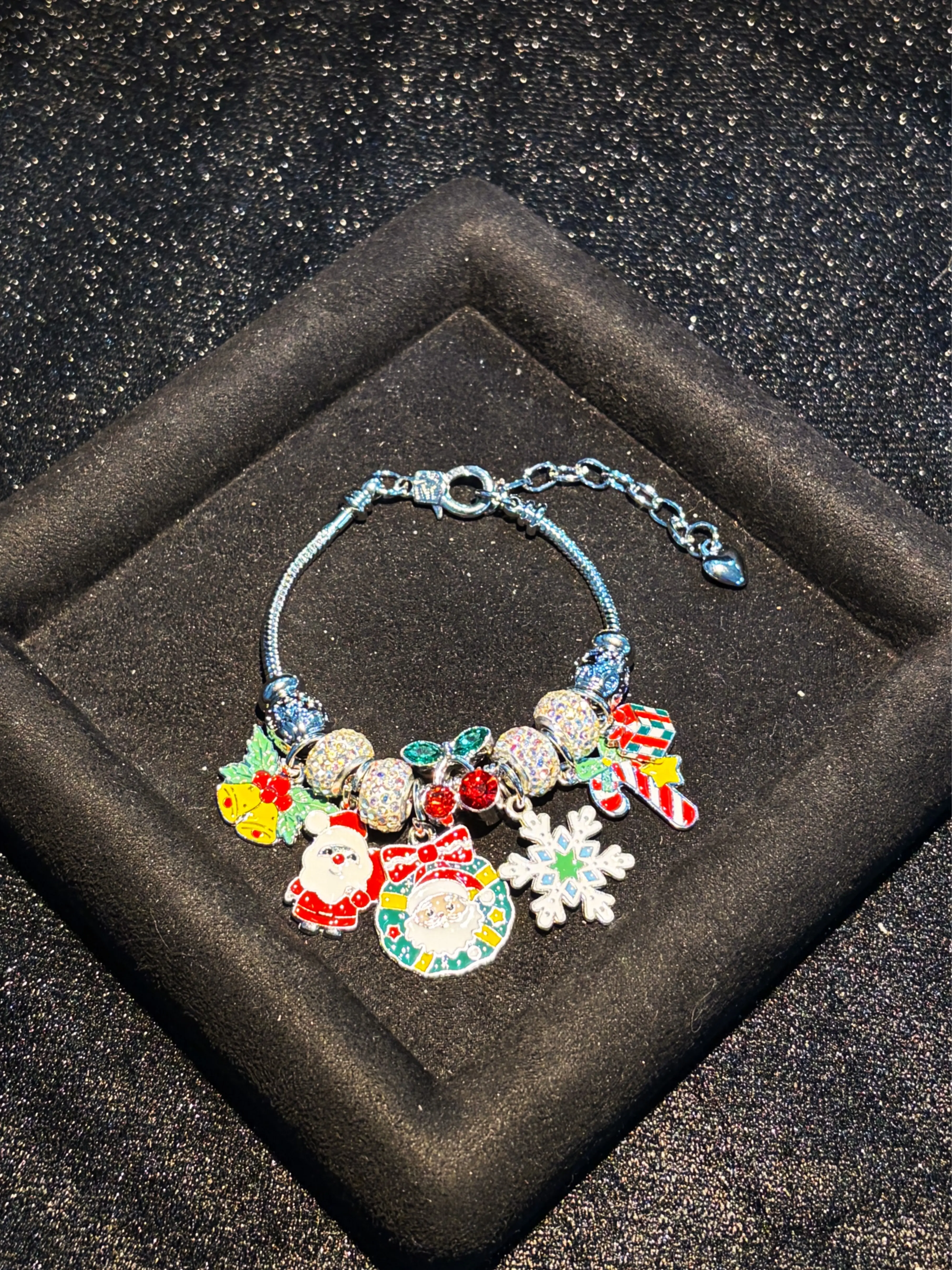 Women Christmas Charm Bracelet, Silver Tone Snake Chain Beaded Bracelet with Santa Snowflake Bell Candy Cane Gift Box Dangle Charms, Holiday Jewelry Gift for Her