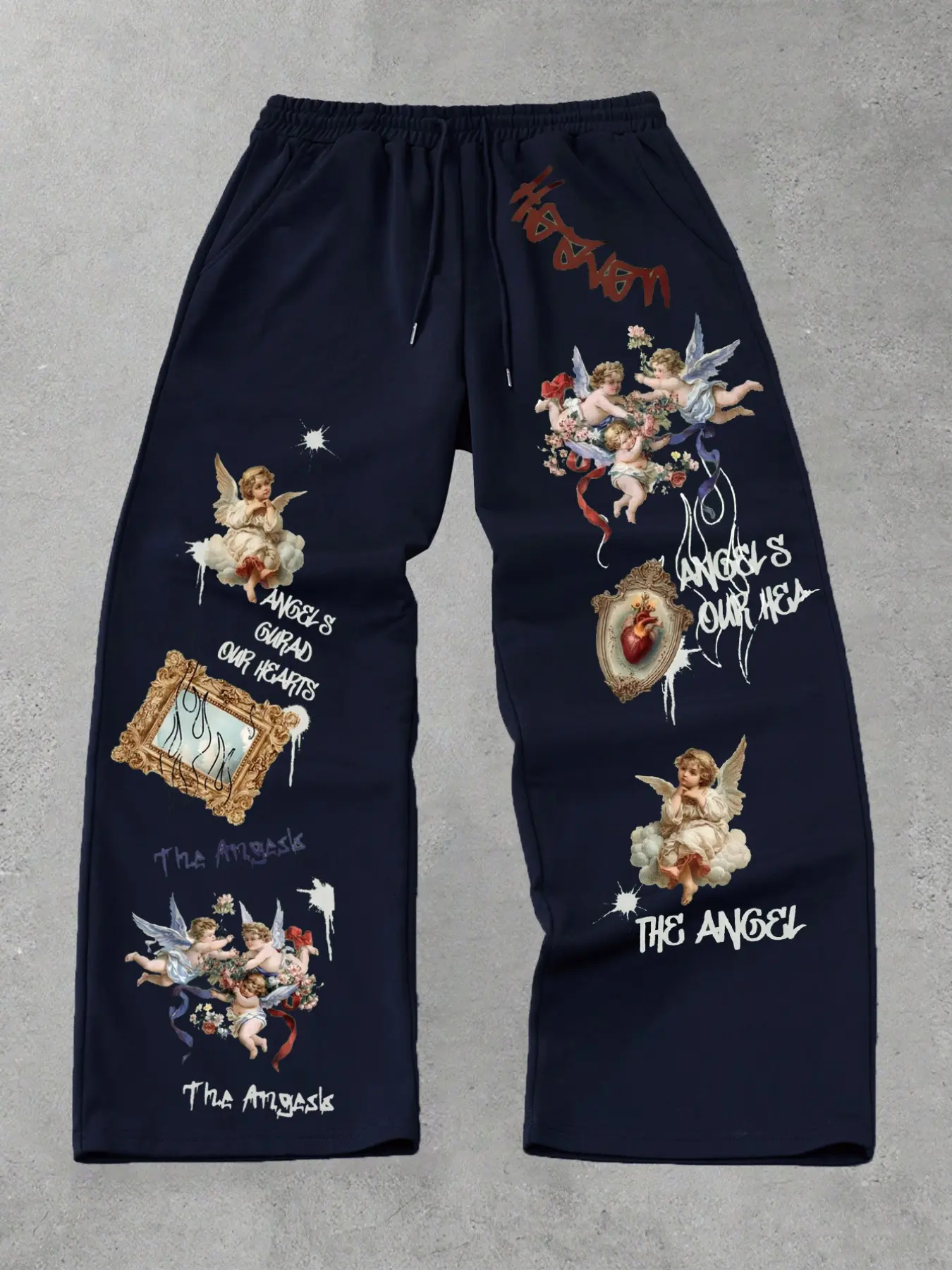 Y2K Grunge Angel Print Oversized Wide Leg Sweatpants – Gothic Renaissance Cherub Graphic Streetwear Pants for Festival & Street Style