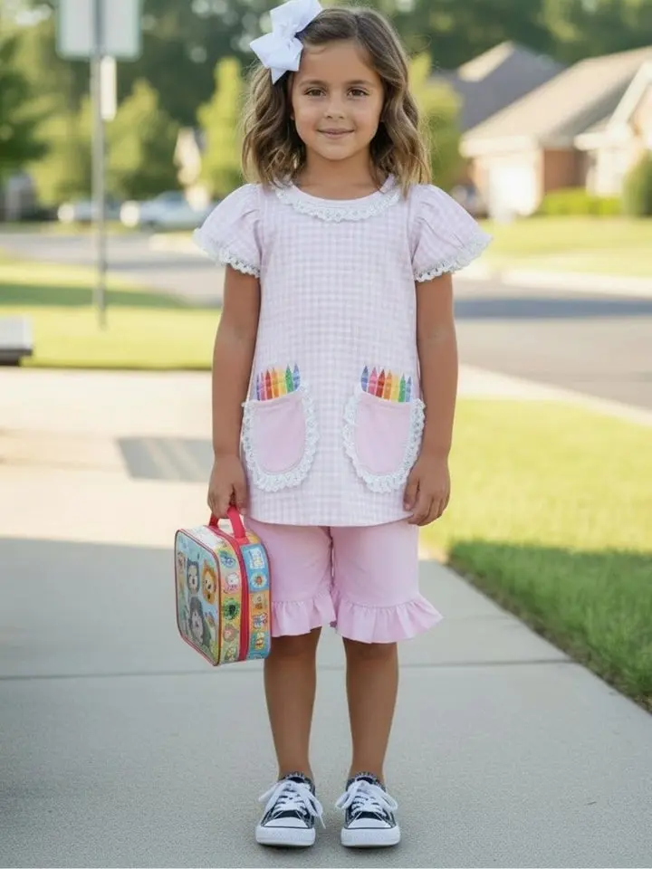 Our Pretty in Pink Crayon Pocket Girls Shorts Back to School Outfit