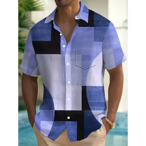 Men's Retro Geometric 3D Print Color-Block Button-Front Pocket Shortsleeve Shirt, Summer Casual Menswear Top, Black/White Adult Clothing