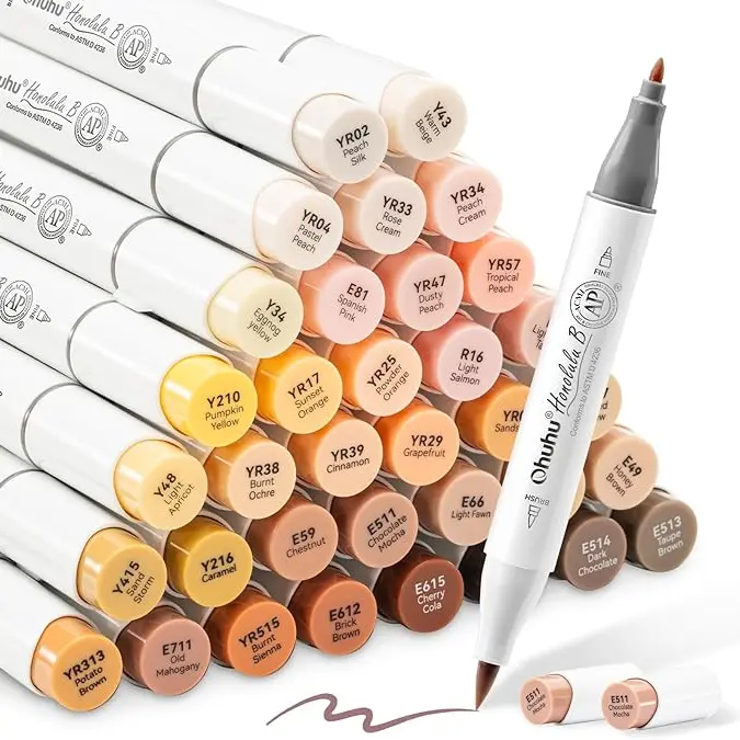 Ohuhu Alcohol Markers: Brush & Chisel / Fine - 36 Skin-Tone Colors - Portrait Tones for Beginner Artists' Drawing & Painting - Refillable Markers with Alcohol Ink, AP Certified, Replacement Brush Tips, Honolulu & B Series of Ohuhu
