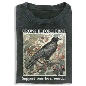 Unisex Vintage Washed "Crows Before Bros" Graphic T-Shirt Art Nouveau Crow Design Oversized Soft Cotton Short Sleeve Crew Neck Top Gothic Streetwear Tee For Crow Lovers & Dark Humor Enthusiasts