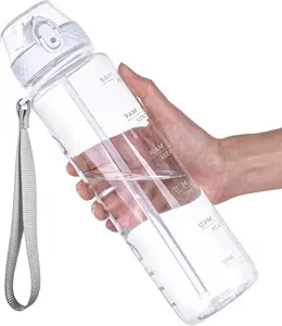 Water Bottle,Clear Water Bottles with Straw,32oz  Bottle With Time Markers- Tritan Wide Mouth Bottle Leakproof Motivational wate bottles for Gym,Hiking,School or Office(1 Bottle)