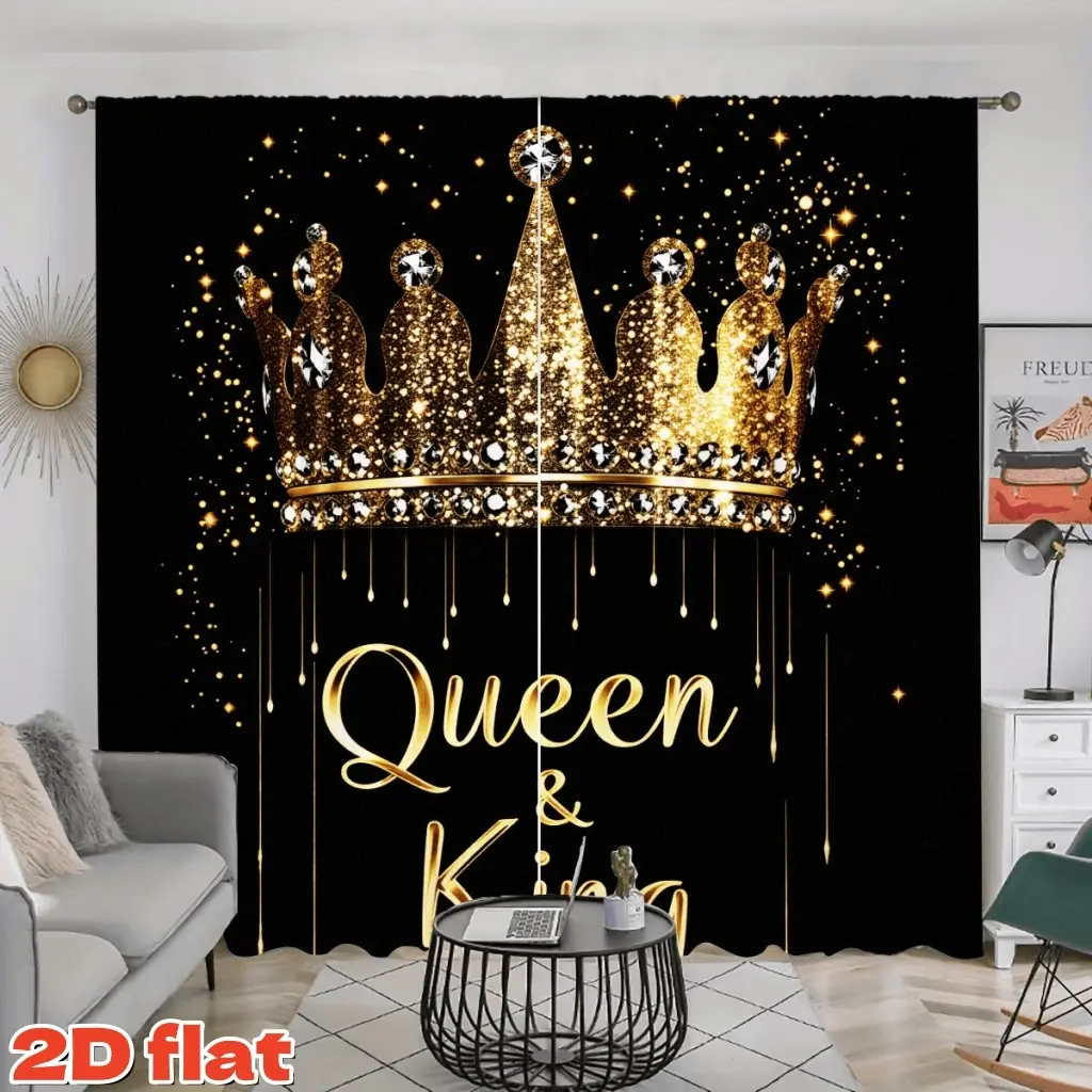 2D flat 2-piece set of golden crown curtains, Window curtain, designed with queen and king print pole pocket styles, semi blackout polyester material, suitable for modern home decor