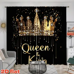 2D flat 2-piece set of charming golden crown curtains, designed with elegant queen and king print pole pocket styles, semi blackout polyester material, suitable for modern living room, bedroom, dining room decoration, unique home decoration