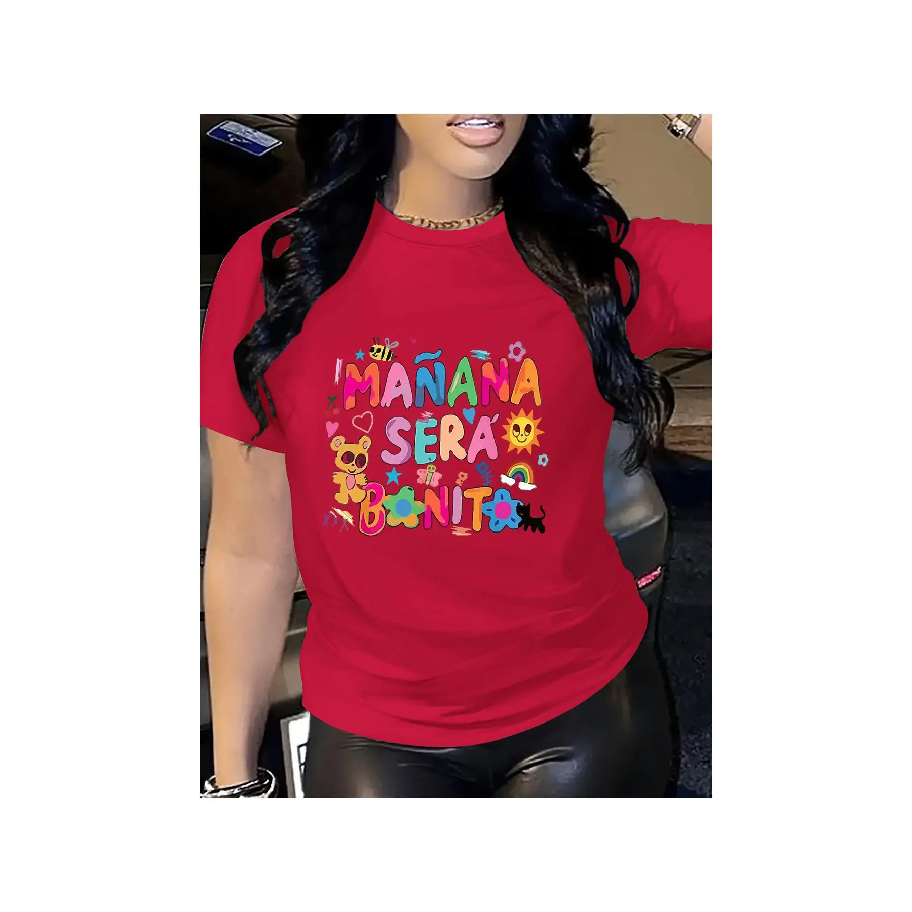 Women's Casual Short-Sleeve T-Shirt - Chic Solid Undershirt Layer for Coats, Pastel Pink Directional Print with "MANANA SERA BONITO" Lettering, Playful Animals & Stars, Round Neck, Machine Washable, Spring Essential, Sports Top
