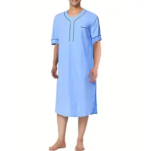 Loose Fit Henley Nightshirt - Soft, Breathable, Pockets, Arabic Thobe Style Sleepwear for Men (Solid Color)