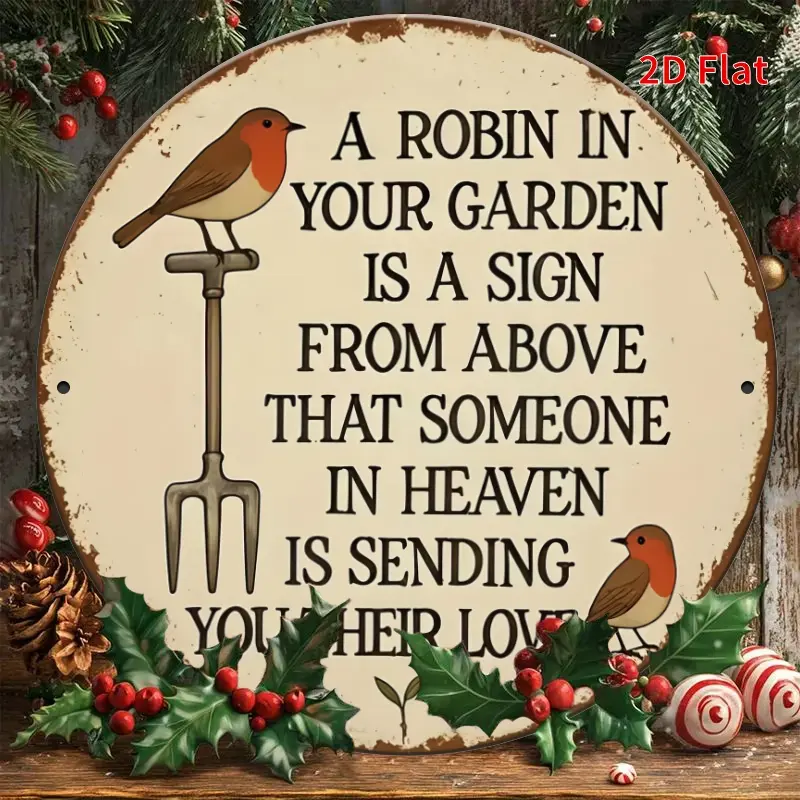 1pc 2D Flat 20.32cm Round Aluminum Sign, Metal Sign, Decorative Plaque - Memorial Garden Wall Decoration with "There's a Robin in Your Garden" Paradise Quote, Vintage Country-Style Outdoor Sympathy Gift for Loss of Loved Ones, Christmas Decoration Signage