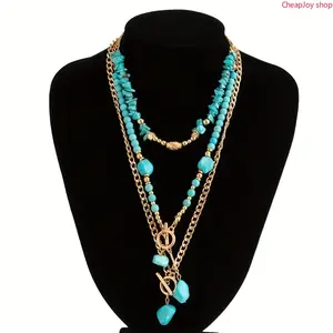 【Summervibes】3Pcs Bohemian Turquoise Beaded Stackable Necklaces, Retro Ethnic Layered Jewelry Set, Trendy Women Fashion Accessories, Elegant Boho Pendant Chain Ideal for Dating Party Vacation Shopping Daily & Holiday Gifting