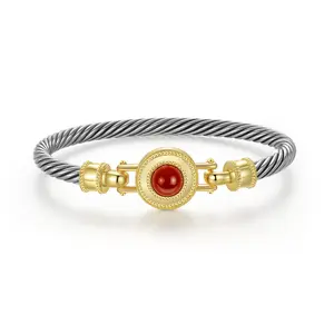 Aprilery Vintage Twist Cable Bracelet with Round Red Stone Center, Elegant Two-Tone Cuff Design, Classic Statement Jewelry for Women, Adjustable Fit, Trendy Fashion Bracelet for Daily Wear and Special Occasions