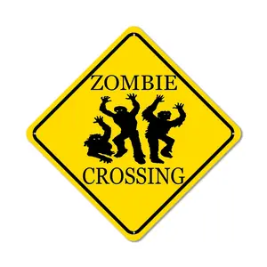 Funny Warning Zombie Crossing Sign Wall Decor for Man Cave Bar Halloween, 8x8 inch street road Metal sign