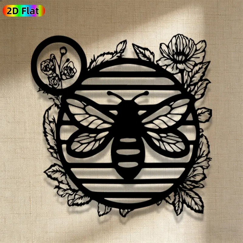 1pc Romantic Bee with Flowers Metal Wall Art, Romantic Bee with Flowers Statue Mural, Iron Craft, Perfect for Living Room, Garden, Indoor/Outdoor Decor, Intricate Craftsmanship, Silhouette Wall Decor, Valentine's Decor, Ideal Gift for Nature Lovers