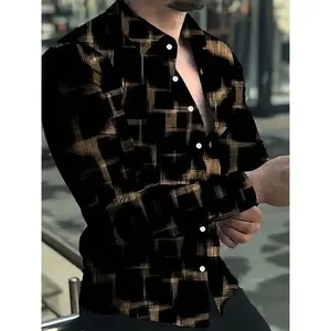 Men’s fashionable checkered long-sleeve casual shirt with a button design, slim fit, woven fabric, suitable for all seasons, available in multiple colors GARMENTARY