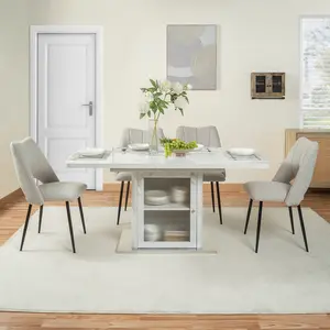 Expandable Dining Table for 4-6 Persons, White Marble Printed Extendable Table with Storage Cabinet & Metal Base, Space-Saving for Kitchen/Dining Room 2-layer Storage Shelf diamond furniture