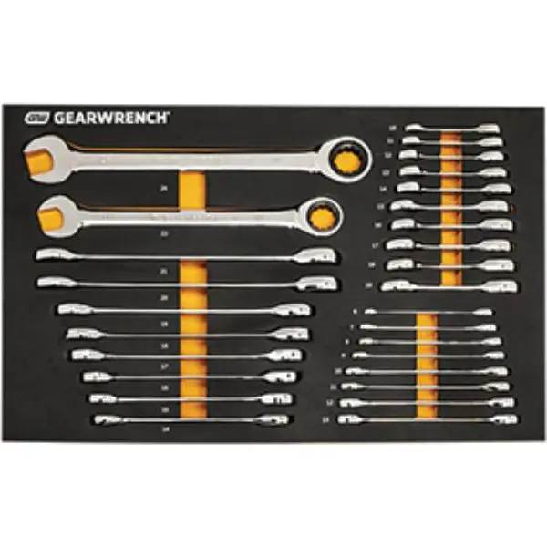 GearWrench KDT-86527 72-Tooth 12 Point Metric Standard & Stubby Combo Ratcheting Wrench Set with EVA Foam Tray, 28 Piece