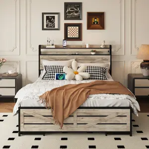 [Bellemave]Full/Queen-size bed frame with storage headboard and 12 drawers with LED lights, metal platform with anti-slip and noiseless mattress support, sturdy metal slat support,Gray