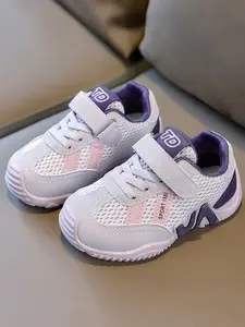 Mesh Sports Shoes with Velcro Closure, Colorblock Striped Design, Breathable Anti-Slip Casual Sneakers, Footwear Athletic Trainer, for Boys and Girls, Athletic Trainers