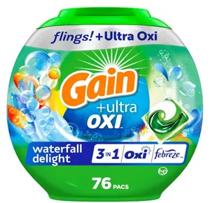 Gain Flings Ultra Oxi Laundry Detergent Pacs, 76 Count, Waterfall Delight Scent, 3-in-1, HE Compatible