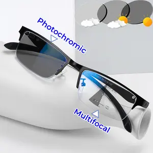 Men Half Frame Business Photochromic Presbyopia Glasses Progressive Multifocal Reading Glasses Anti-blue Light Far Sight Glasses