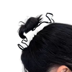 White Tulle Ruffle Hair Scrunchie with Black Edged Design for Stylish Hair Accessories