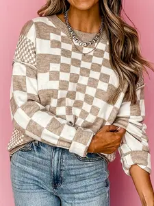Women's Round Neck Plaid Knit Sweater, Loose Long Sleeve Vintage Colorblock Top, Casual Fall & Winter Streetwear, Knitwear