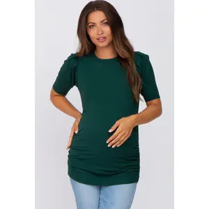 Hunter Green Ribbed Ruched Fitted Maternity Top