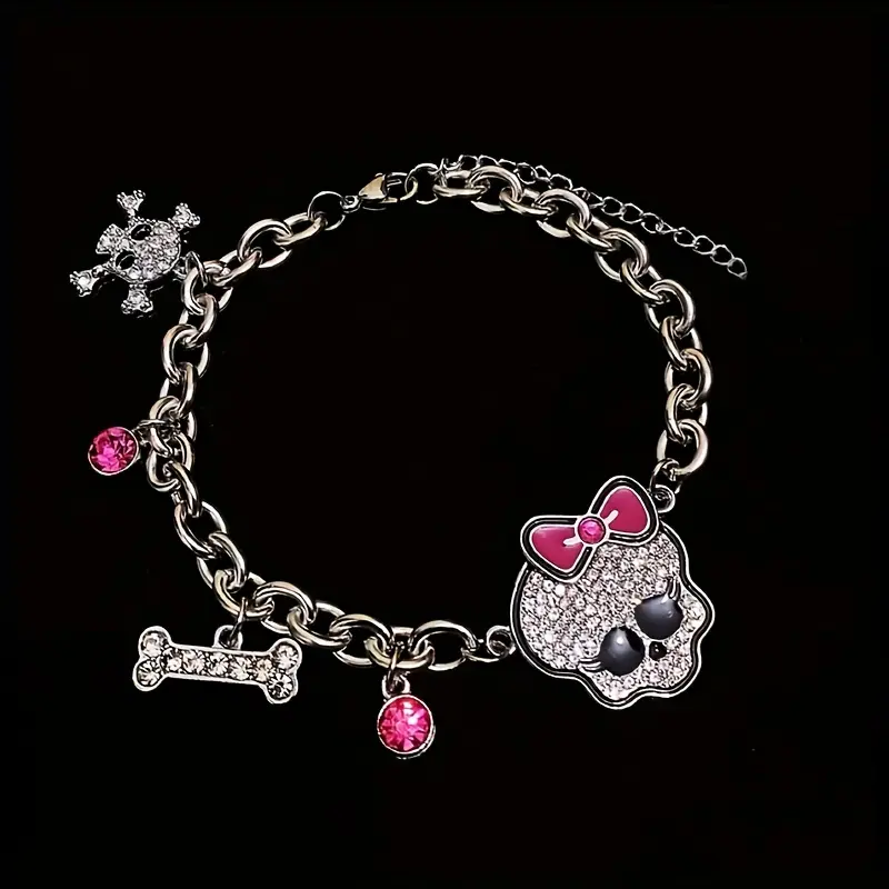 Women's Punk Style Skull Bone Charm Bracelet - Gothic Thick Chain Bracelets Jewelry with Pink Crystal Embellishment, Exquisite Trendy Pretty Fashionable Accessories for Women, Exquisite Trendy Bracelet