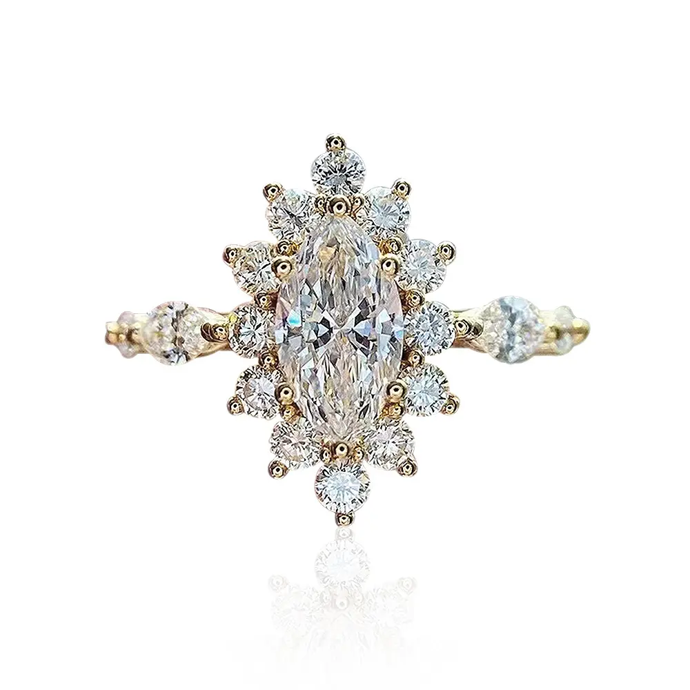 Women's 14K Gold-Plated Artisan Marquise Cut Sunburst Glow Halo Cubic Zirconia Ring, Dainty Female Costume Jewelry for Her Daily & Everyday Wear