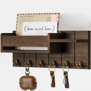 Wooden Wall Mounted Key Holder Rack with 6 Hooks, Mail Organizer, Wall Mounted Shelf, Entryway Storage Box for Living Room, Home Organization Solution