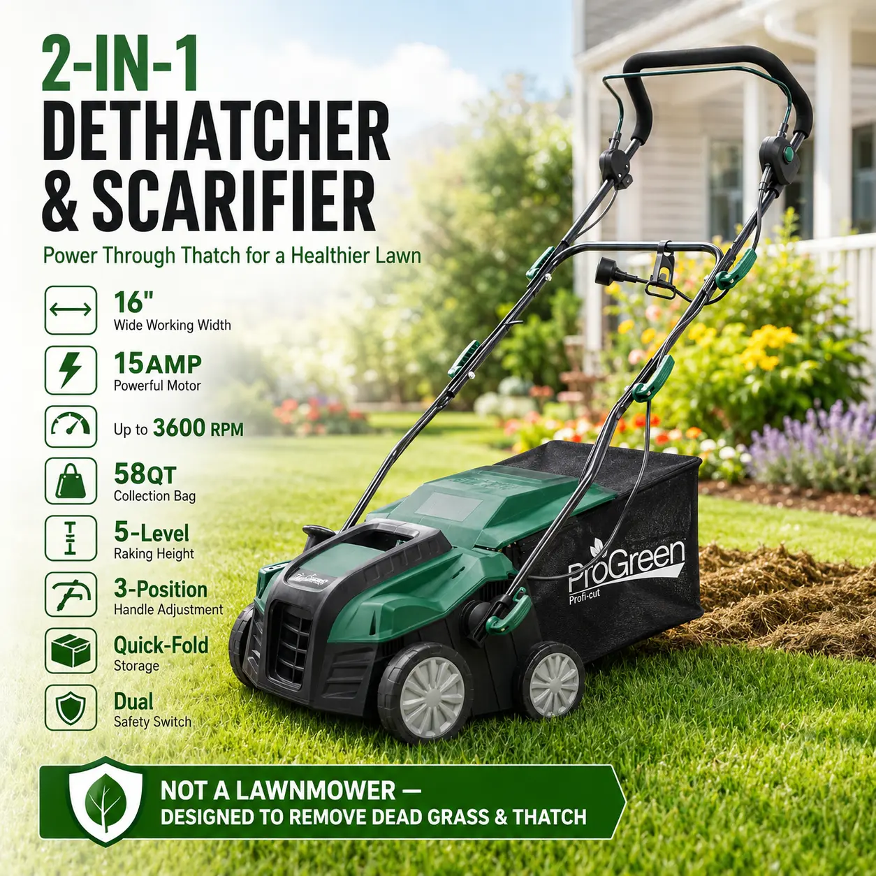 Outdoor Electric Lawn Rake with 15amp Motor, 16in Rope Head, 3600 RPM, 5 Rake Heights, 58QT Collection Bag, Foldable Handle, Dual Function for Yard Lawn Care & Thatch Removal