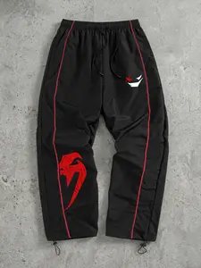 Men's Smiley Snake Print Trendy Sporty Pants with Lines, Gym Workout Running Trousers with Side Pockets, Athletic Quick Dry Breathable Sweatpants, Drawstring Elastic Waist, Adjustable Cuffs, Sports Bottoms