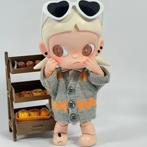 1/8 articulated doll clothing, collegiate style, gray-orange color block, wavy knit cardigan doll outfit; versatile layering piece; trendy collectible doll top—doll not included