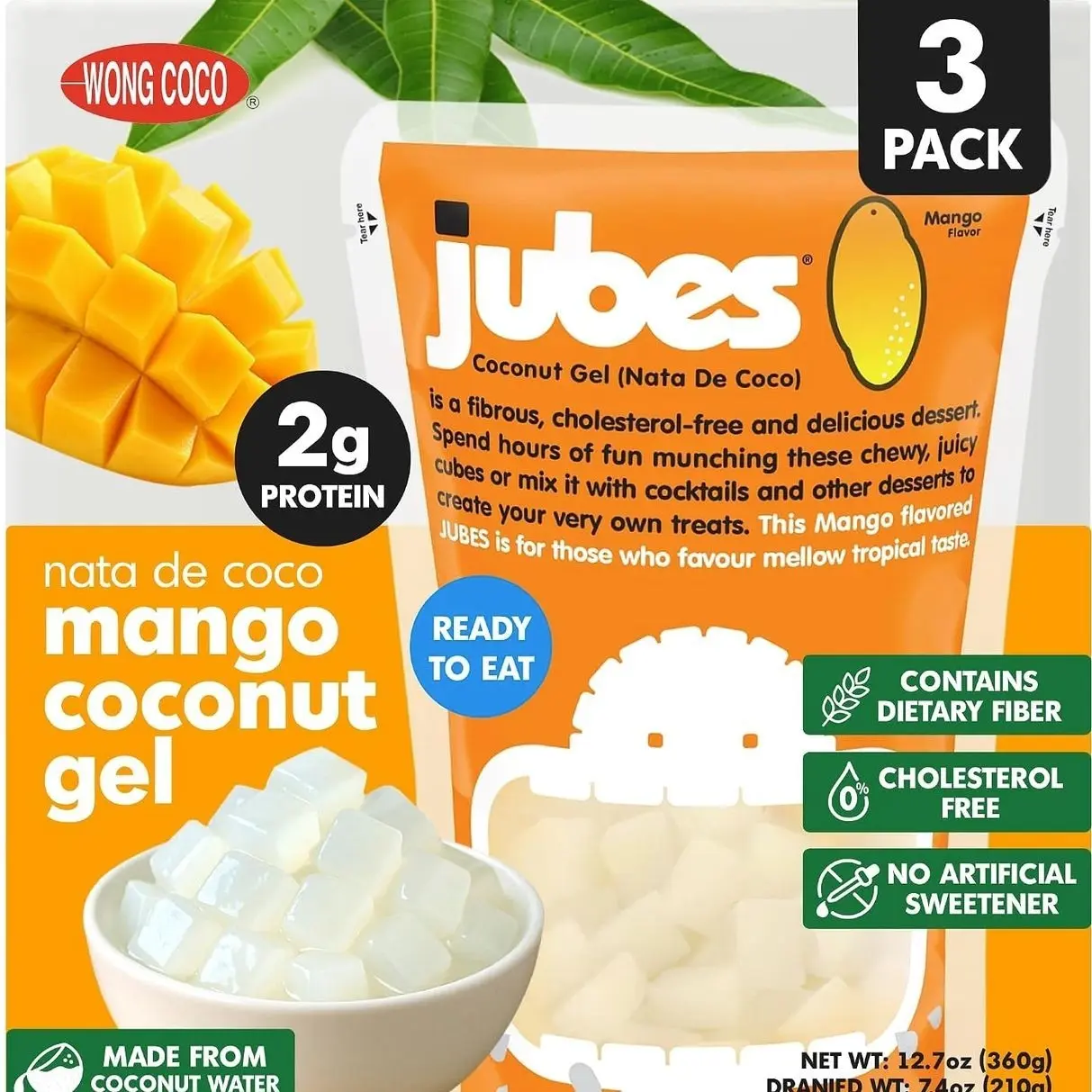 Jubes Mango Nata De Coco Jelly Cubes (12.7 oz, Pack of 3) - Mango Coconut Jelly Cubes for Sago - Coconut Gel in Syrup Toppings for Fruit Tea, Boba, Bubble Tea, Drinks, Desserts Yogurt, Ice Cream, Beverage