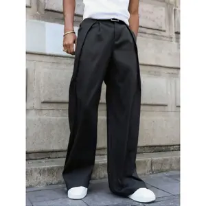Men’s fashion wide-leg pants, regular-length pleated button-front trousers suitable for all seasons and everyday wear. GARMENTARY